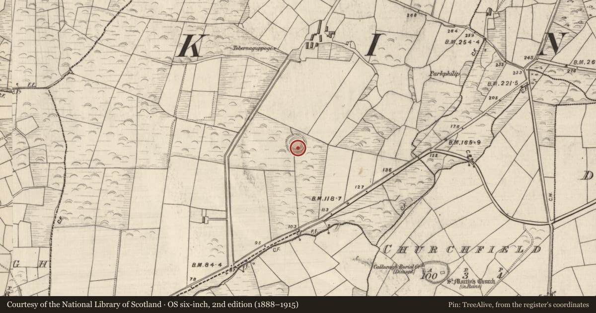 Ordnance Survey six-inch map, 2nd edition (1888–1915) covering the location of Souterrain, Gualainn, County Kerry, with a pin at the register's coordinates
