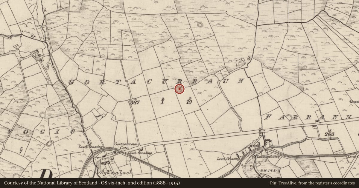 Ordnance Survey six-inch map, 2nd edition (1888–1915) covering the location of Enclosure, Gortacurraun, County Kerry, with a pin at the register's coordinates