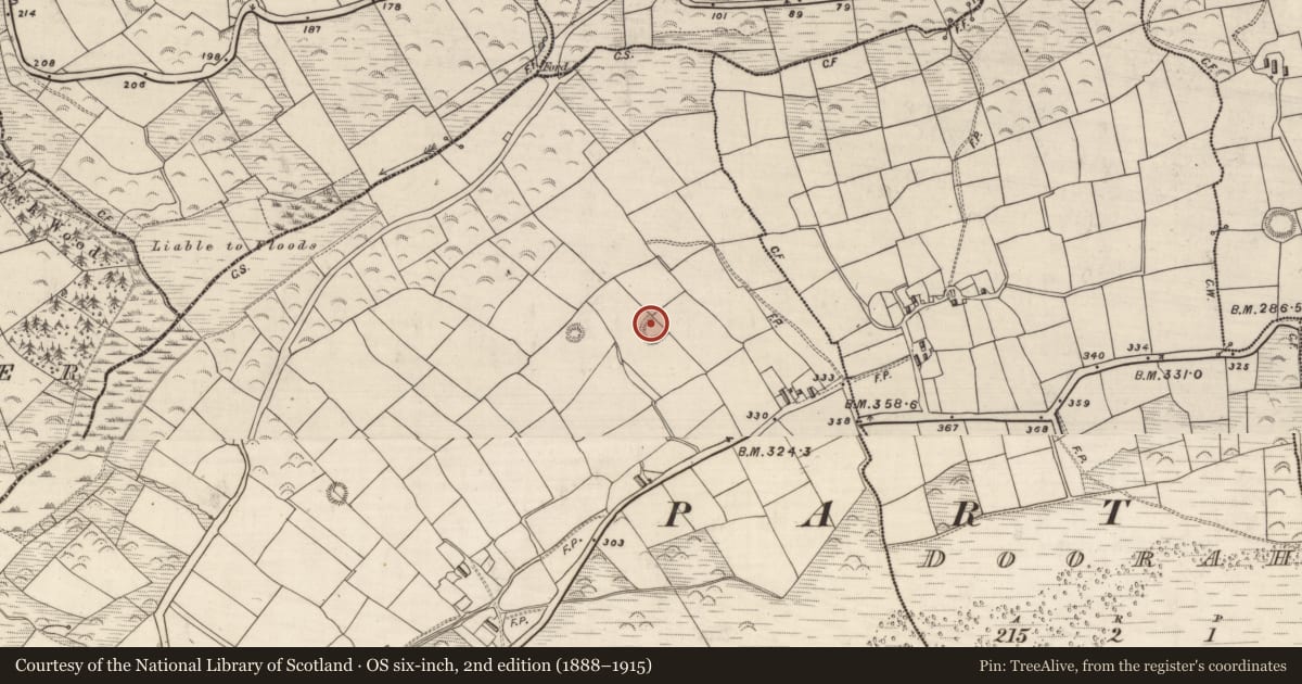 Ordnance Survey six-inch map, 2nd edition (1888–1915) covering the location of Hut site, Acres, County Kerry, with a pin at the register's coordinates