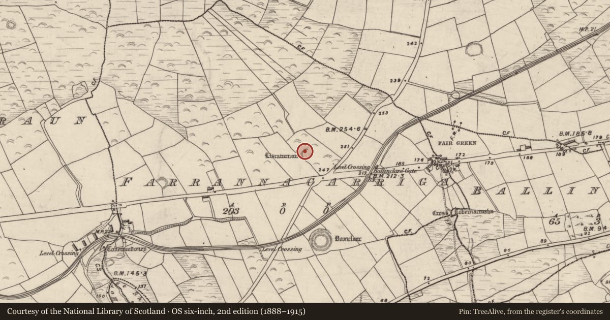 Ordnance Survey six-inch map, 2nd edition (1888–1915) covering the location of Souterrain, Farrannacarriga, County Kerry, with a pin at the register's coordinates