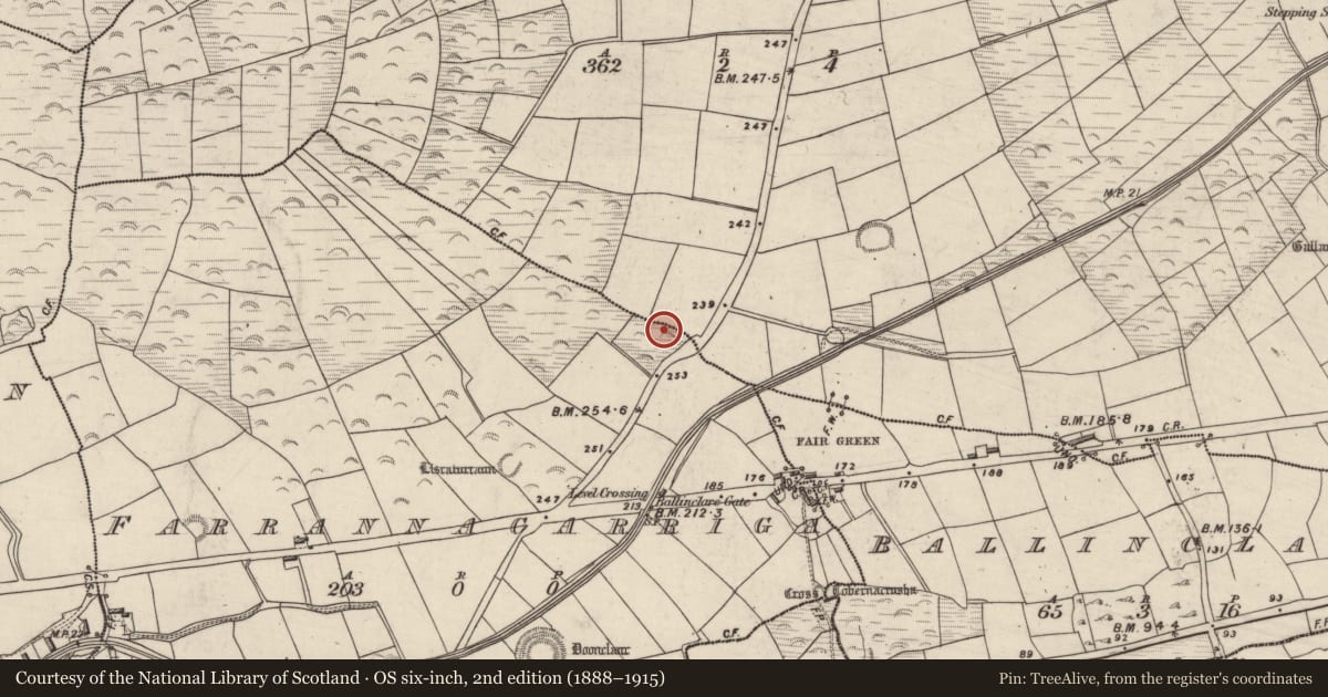 Ordnance Survey six-inch map, 2nd edition (1888–1915) covering the location of Church, Farrannacarriga, County Kerry, with a pin at the register's coordinates