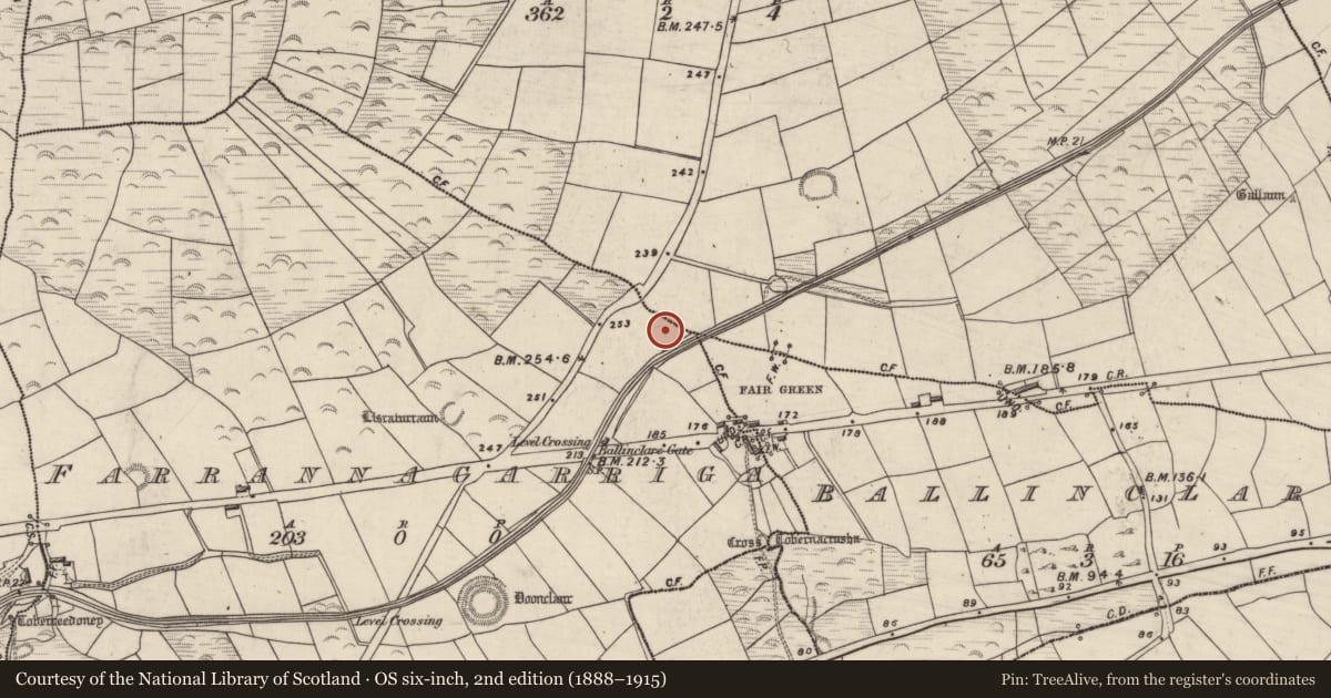 Ordnance Survey six-inch map, 2nd edition (1888–1915) covering the location of Enclosure, Farrannacarriga, County Kerry, with a pin at the register's coordinates