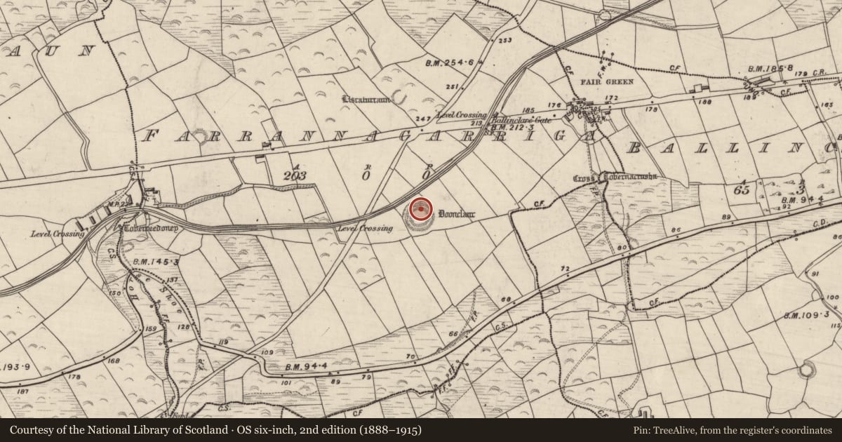 Ordnance Survey six-inch map, 2nd edition (1888–1915) covering the location of Souterrain, Farrannacarriga, County Kerry, with a pin at the register's coordinates