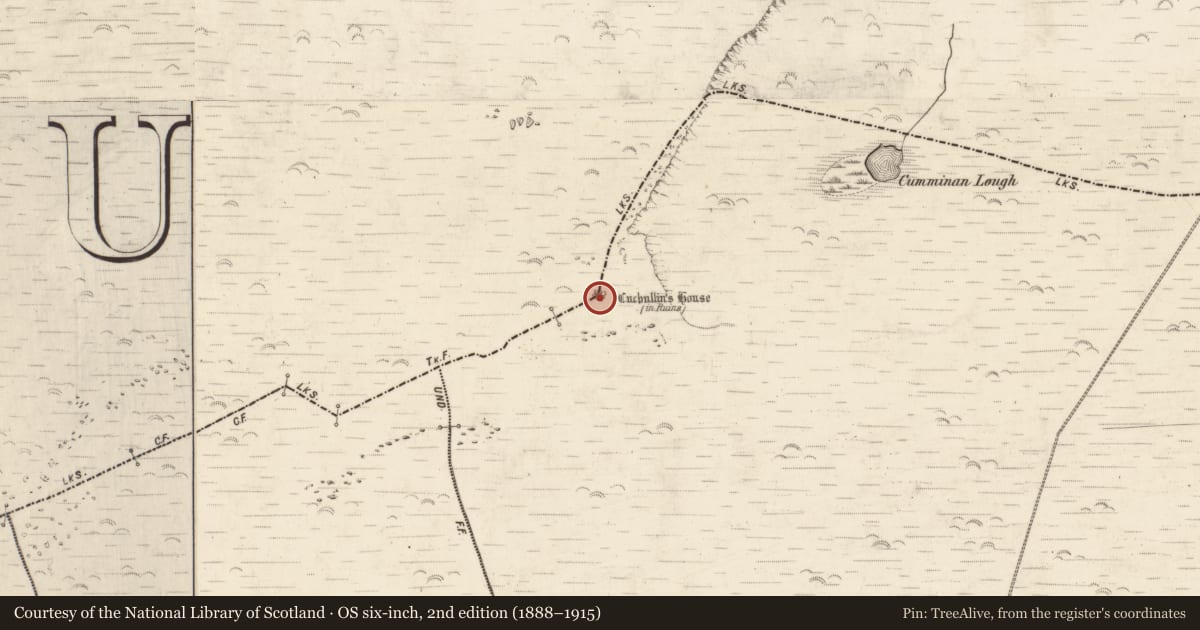 Ordnance Survey six-inch map, 2nd edition (1888–1915) covering the location of Cairn - unclassified, Ballynahunt, Glanteenassig, County Kerry, with a pin at the register's coordinates