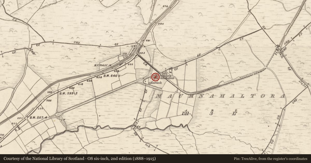 Ordnance Survey six-inch map, 2nd edition (1888–1915) covering the location of Standing stone, Maumnahaltora, County Kerry, with a pin at the register's coordinates