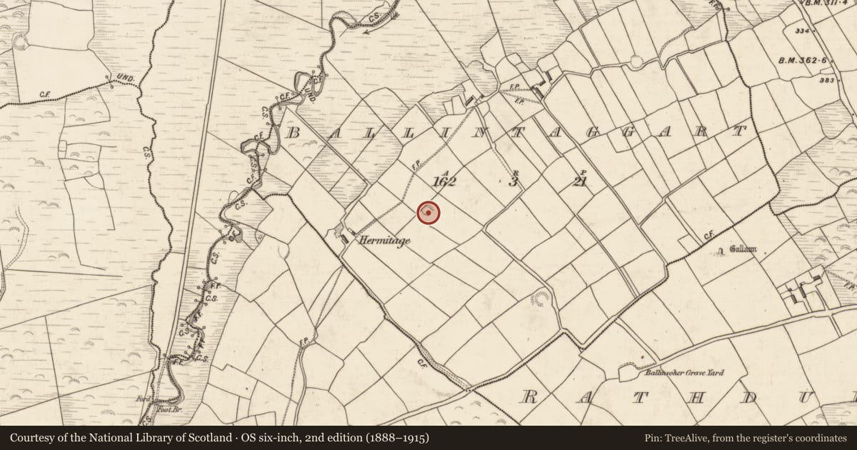 Ordnance Survey six-inch map, 2nd edition (1888–1915) covering the location of Enclosure, Baile An Tsagairt (TC Baile an Bhóthair), County Kerry, with a pin at the register's coordinates