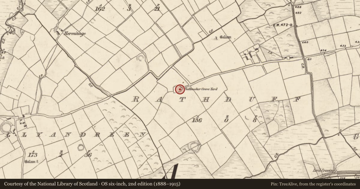 Ordnance Survey six-inch map, 2nd edition (1888–1915) covering the location of Ogham stone, Rathduff, County Kerry, with a pin at the register's coordinates