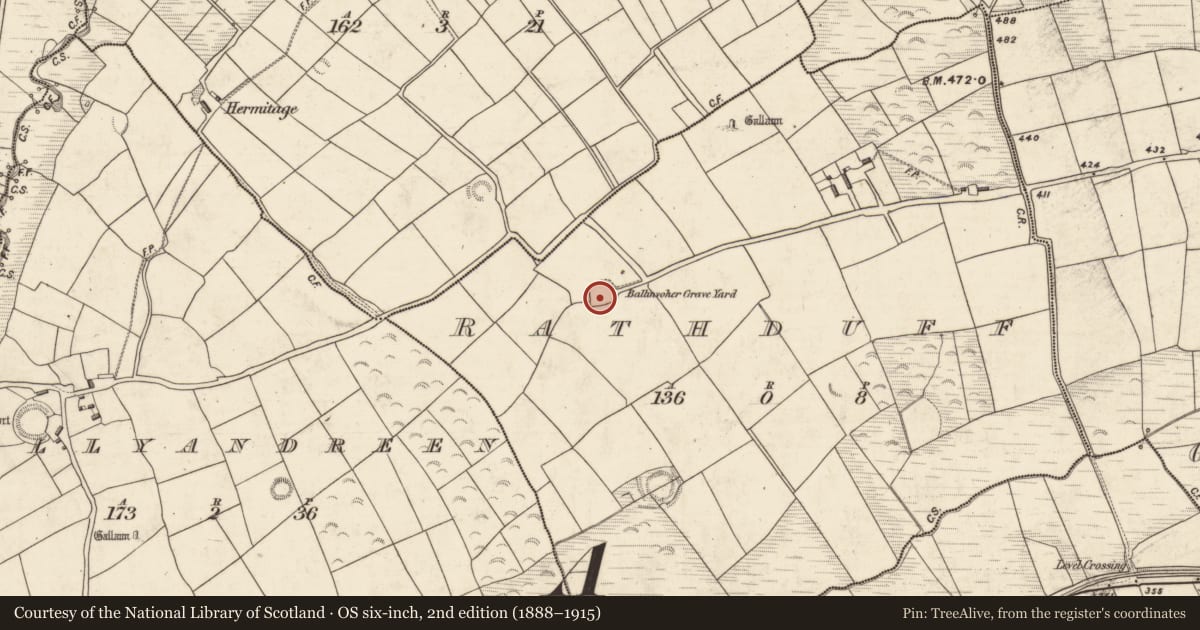 Ordnance Survey six-inch map, 2nd edition (1888–1915) covering the location of Ogham stone, Rathduff, County Kerry, with a pin at the register's coordinates