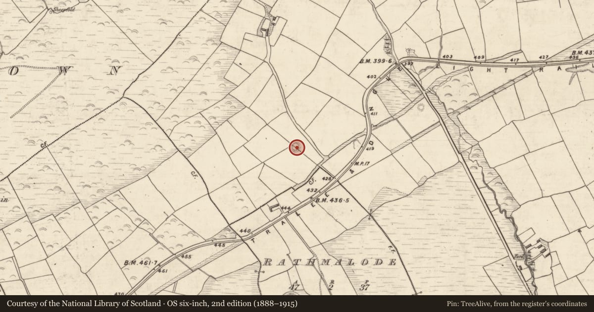 Ordnance Survey six-inch map, 2nd edition (1888–1915) covering the location of Ringfort - rath, An Luachair, County Kerry, with a pin at the register's coordinates