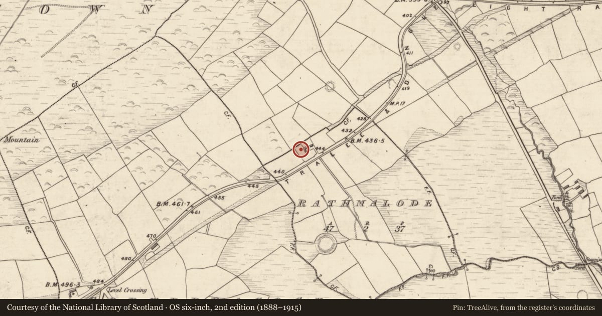 Ordnance Survey six-inch map, 2nd edition (1888–1915) covering the location of Burial ground, Rathmalode, County Kerry, with a pin at the register's coordinates