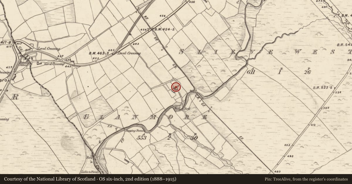 Ordnance Survey six-inch map, 2nd edition (1888–1915) covering the location of Ogham stone, Glanmore, County Kerry, with a pin at the register's coordinates
