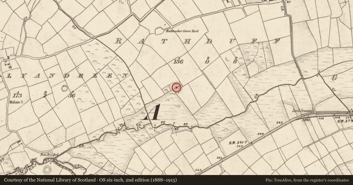 Ordnance Survey six-inch map, 2nd edition (1888–1915) covering the location of Ringfort - rath, Rathduff, County Kerry, with a pin at the register's coordinates