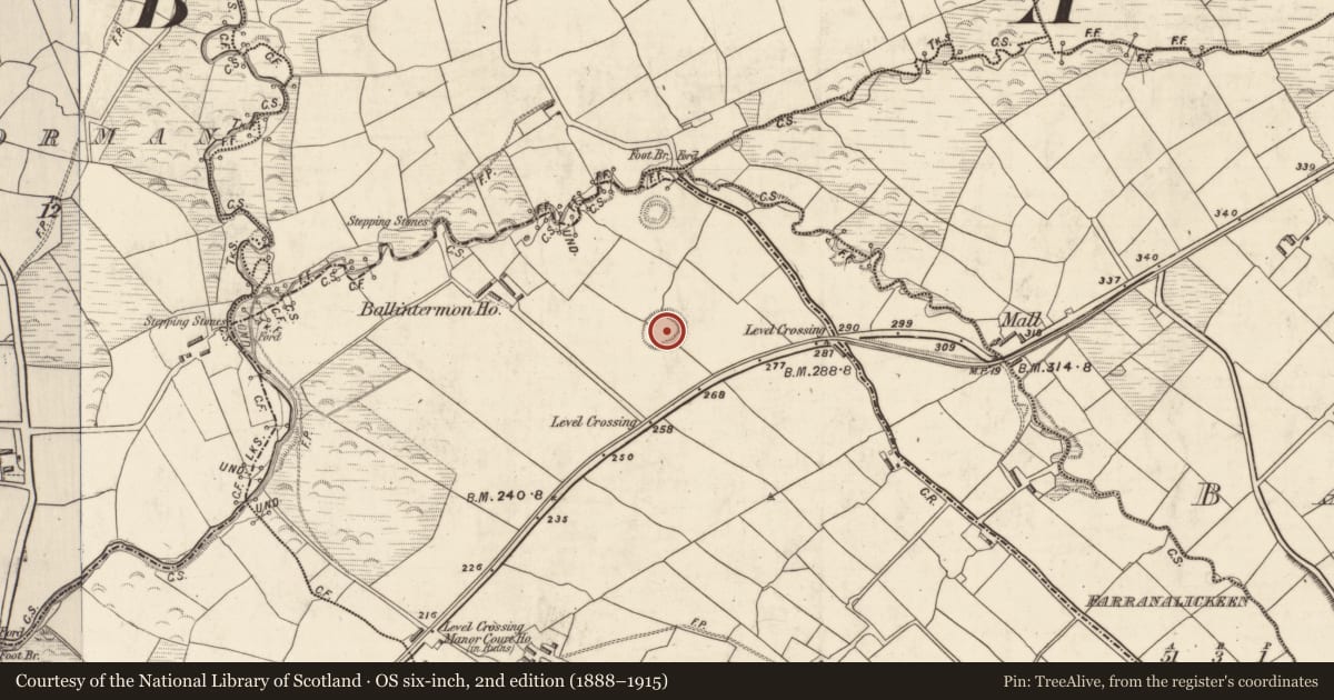 Ordnance Survey six-inch map, 2nd edition (1888–1915) covering the location of Ringfort - rath, Ballintermon, County Kerry, with a pin at the register's coordinates