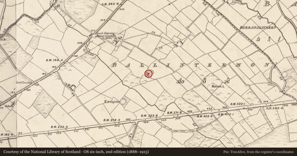 Ordnance Survey six-inch map, 2nd edition (1888–1915) covering the location of Souterrain, Ballintermon, County Kerry, with a pin at the register's coordinates