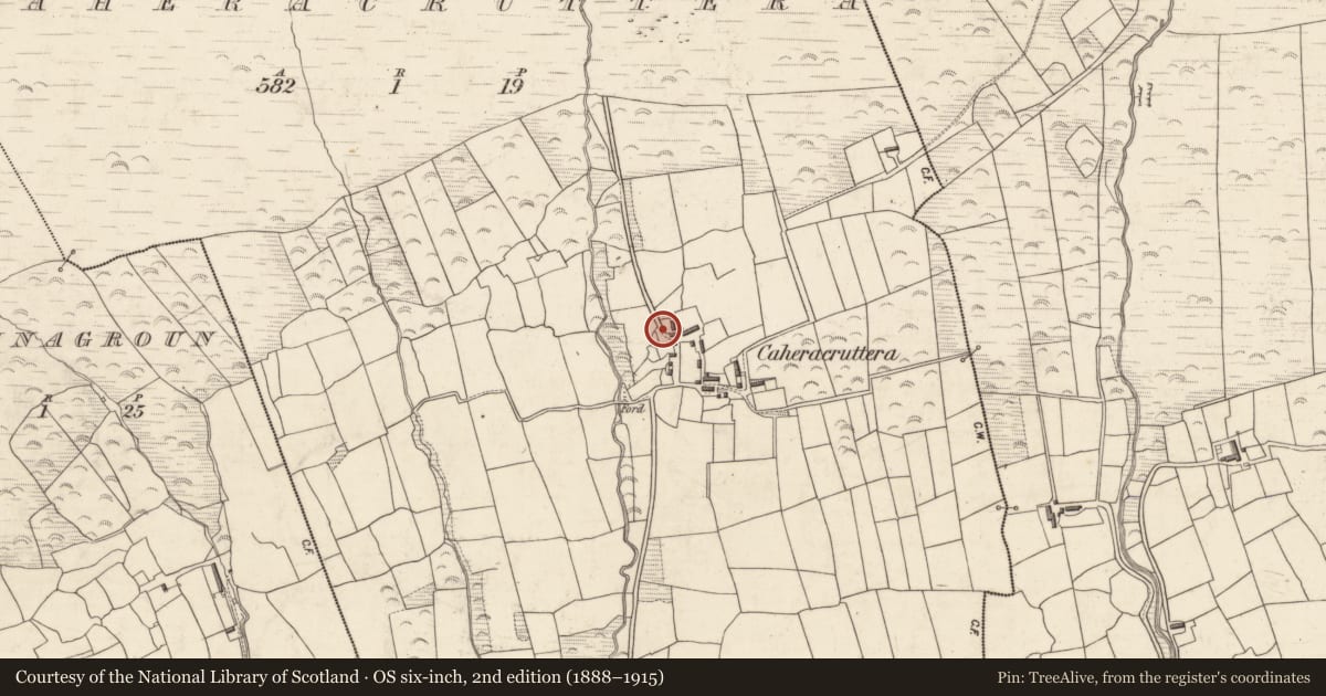 Ordnance Survey six-inch map, 2nd edition (1888–1915) covering the location of Souterrain, Caheracruttera, County Kerry, with a pin at the register's coordinates