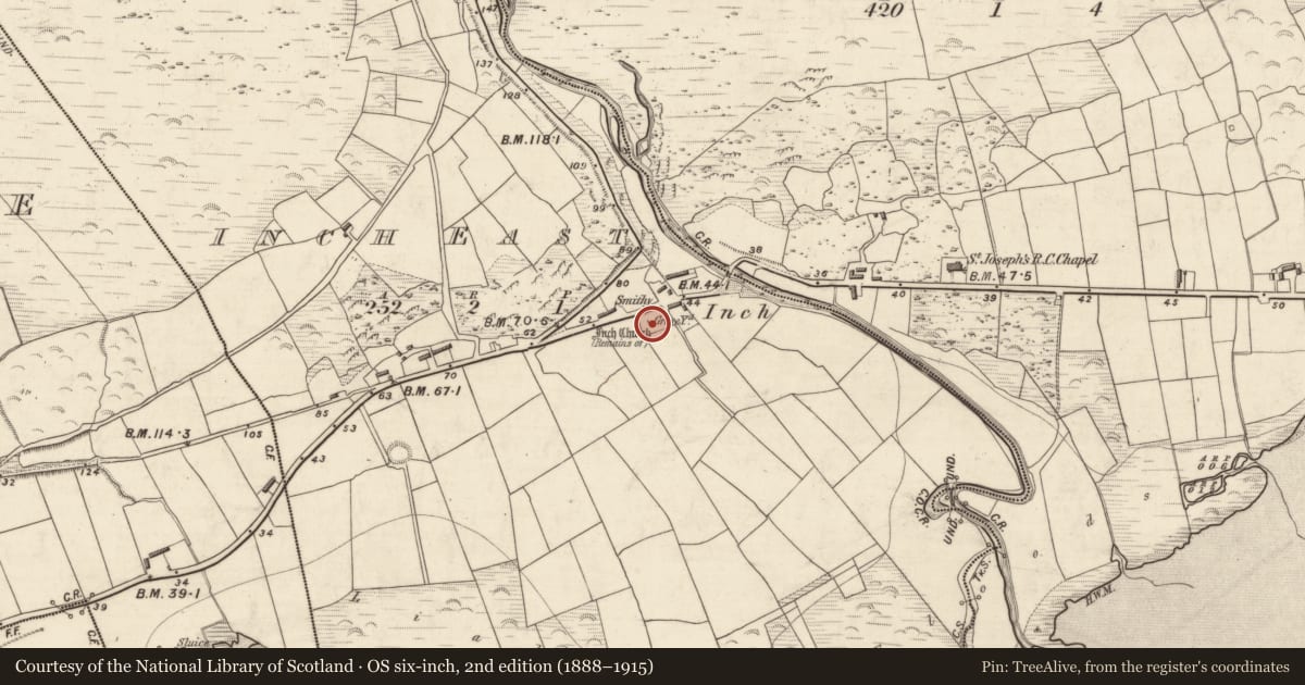 Ordnance Survey six-inch map, 2nd edition (1888–1915) covering the location of Church, Inch East, County Kerry, with a pin at the register's coordinates