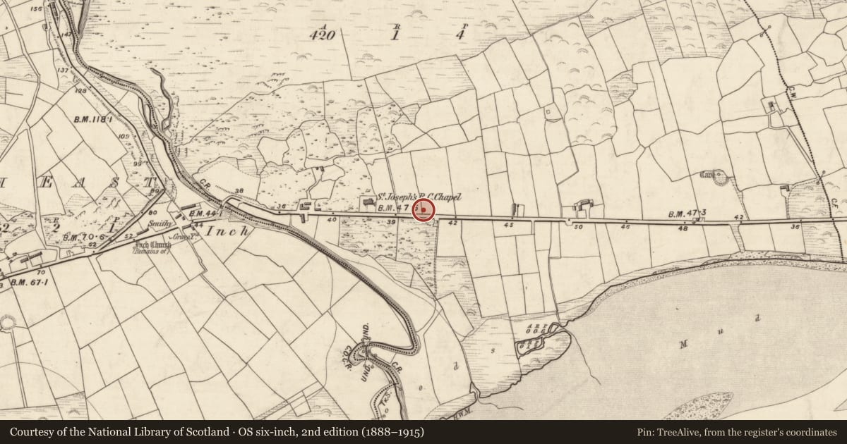 Ordnance Survey six-inch map, 2nd edition (1888–1915) covering the location of Bullaun stone, Ballycullane, County Kerry, with a pin at the register's coordinates
