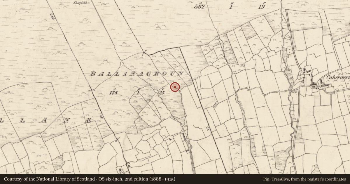 Ordnance Survey six-inch map, 2nd edition (1888–1915) covering the location of Ritual site - holy well, Ballinagroun, County Kerry, with a pin at the register's coordinates