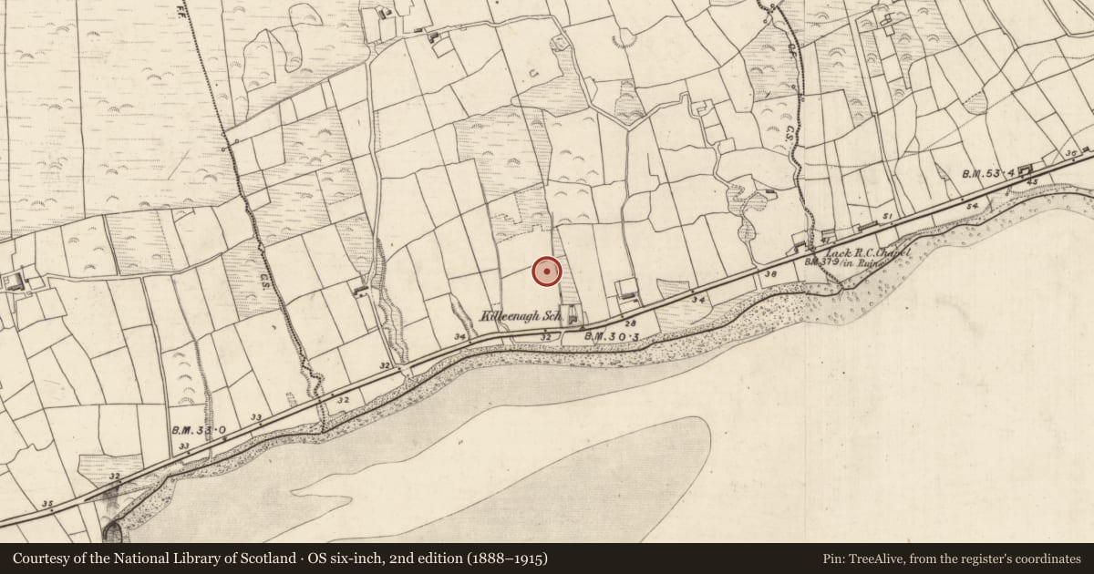 Ordnance Survey six-inch map, 2nd edition (1888–1915) covering the location of Cairn - unclassified, Killeenagh, County Kerry, with a pin at the register's coordinates