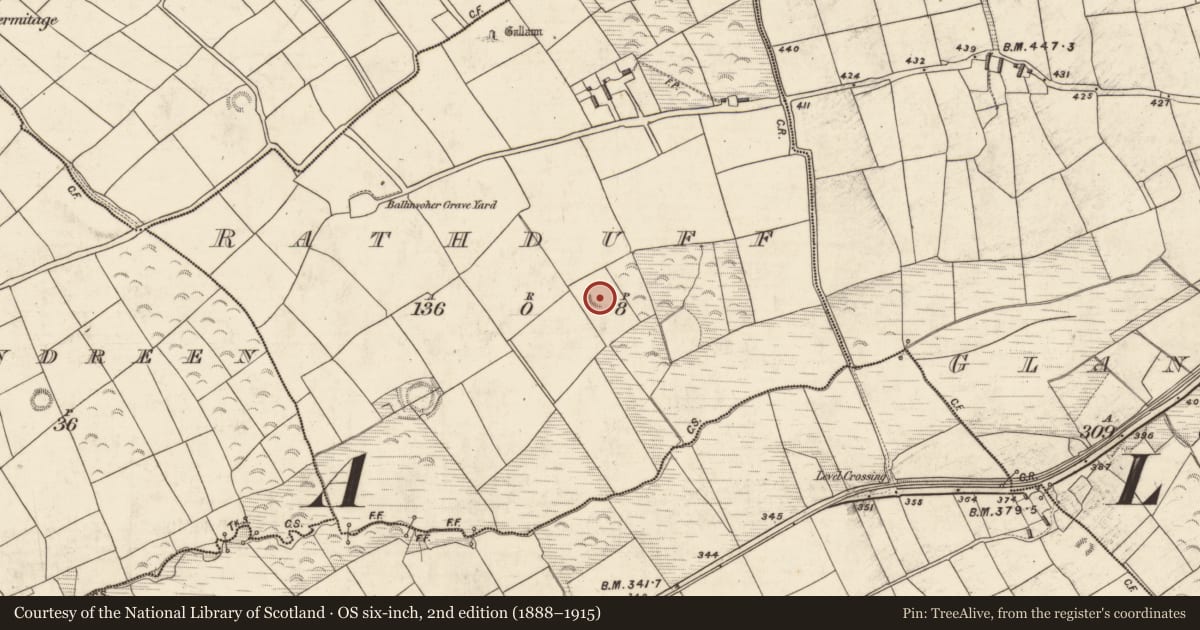Ordnance Survey six-inch map, 2nd edition (1888–1915) covering the location of Enclosure, Rathduff, County Kerry, with a pin at the register's coordinates