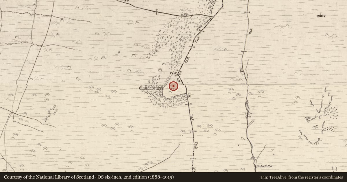 Ordnance Survey six-inch map, 2nd edition (1888–1915) covering the location of Cistern, Ballyarkane Oughter, Beheenagh, County Kerry, with a pin at the register's coordinates