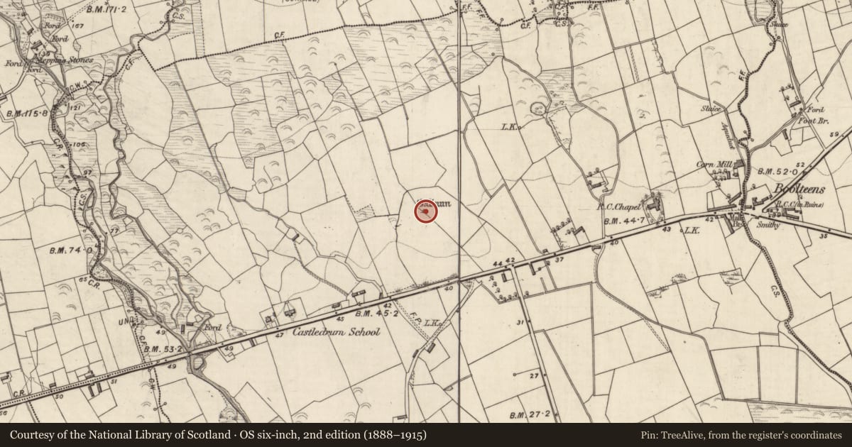 Ordnance Survey six-inch map, 2nd edition (1888–1915) covering the location of Standing stone, Castledrum, County Kerry, with a pin at the register's coordinates
