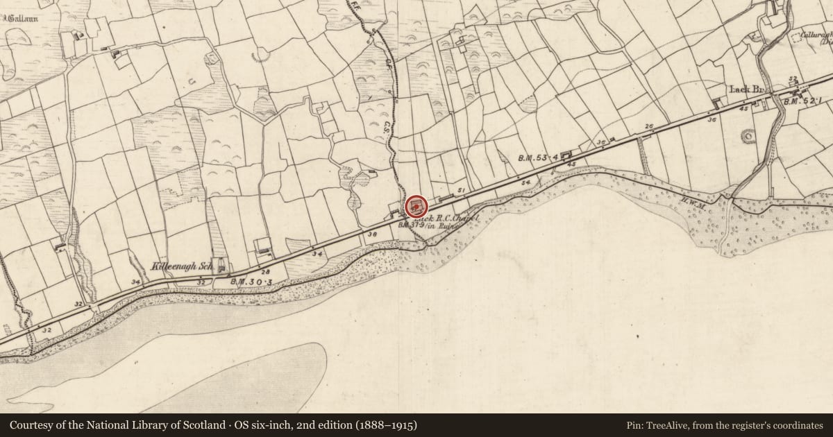 Ordnance Survey six-inch map, 2nd edition (1888–1915) covering the location of Church, Lack, County Kerry, with a pin at the register's coordinates