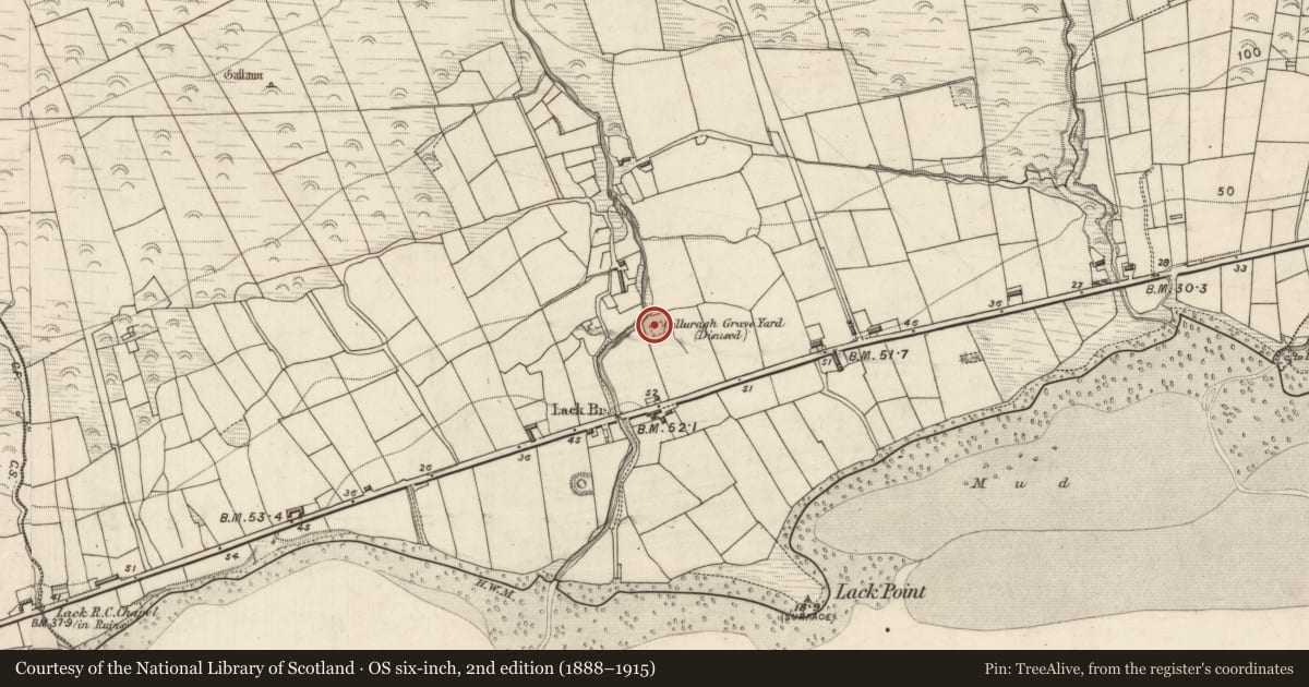 Ordnance Survey six-inch map, 2nd edition (1888–1915) covering the location of Children's burial ground, Lack, County Kerry, with a pin at the register's coordinates