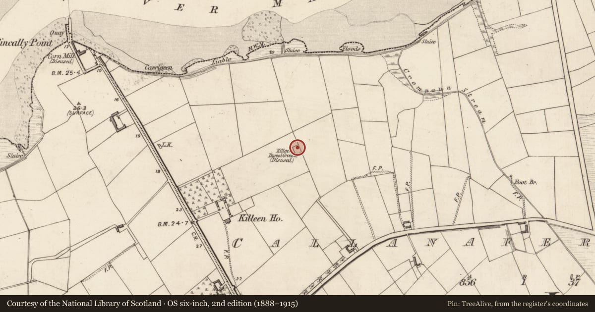 Ordnance Survey six-inch map, 2nd edition (1888–1915) covering the location of Children's burial ground, Callanafersy East, County Kerry, with a pin at the register's coordinates