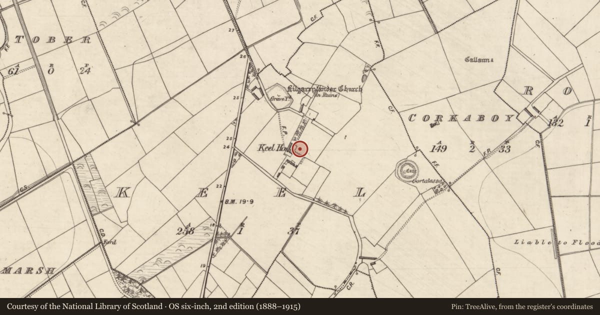 Ordnance Survey six-inch map, 2nd edition (1888–1915) covering the location of Souterrain, Keel, County Kerry, with a pin at the register's coordinates