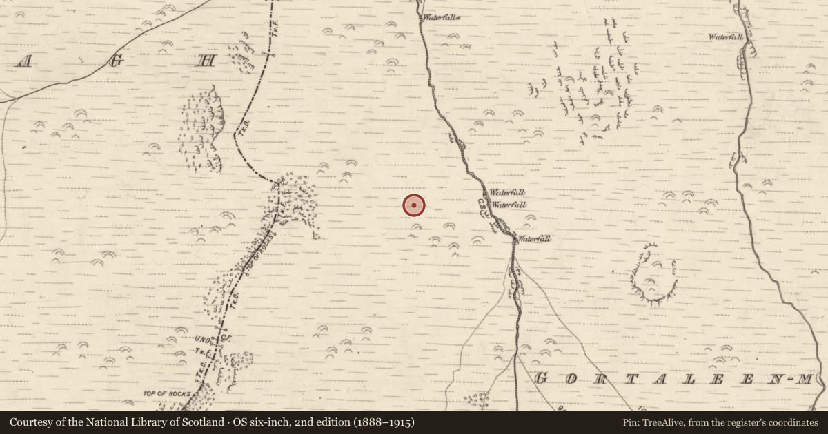 Ordnance Survey six-inch map, 2nd edition (1888–1915) covering the location of Habitation site, Ballyarkane Oughter, County Kerry, with a pin at the register's coordinates