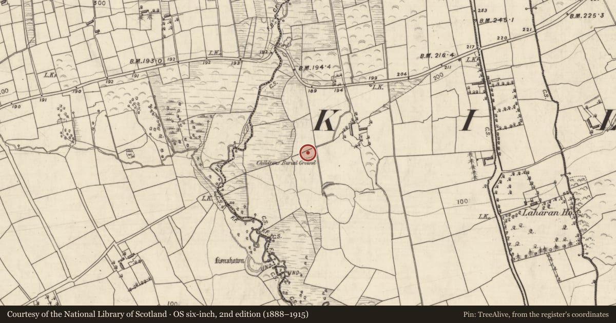 Ordnance Survey six-inch map, 2nd edition (1888–1915) covering the location of Children's burial ground, Killeenafinnane, County Kerry, with a pin at the register's coordinates