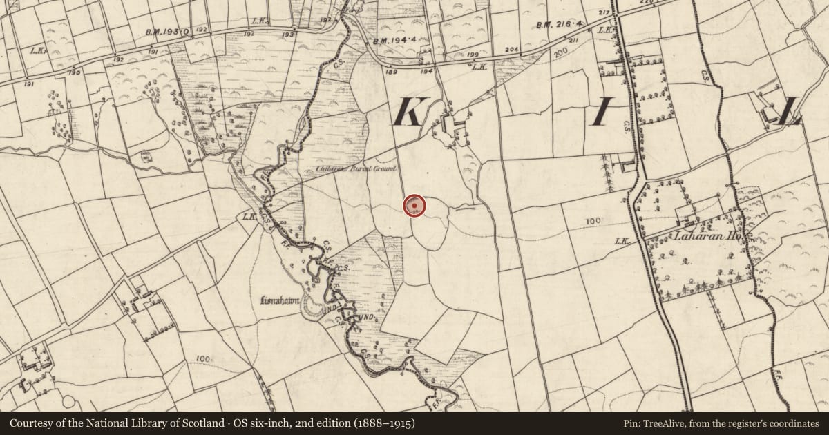 Ordnance Survey six-inch map, 2nd edition (1888–1915) covering the location of Ringfort - rath, Killeenafinnane, County Kerry, with a pin at the register's coordinates