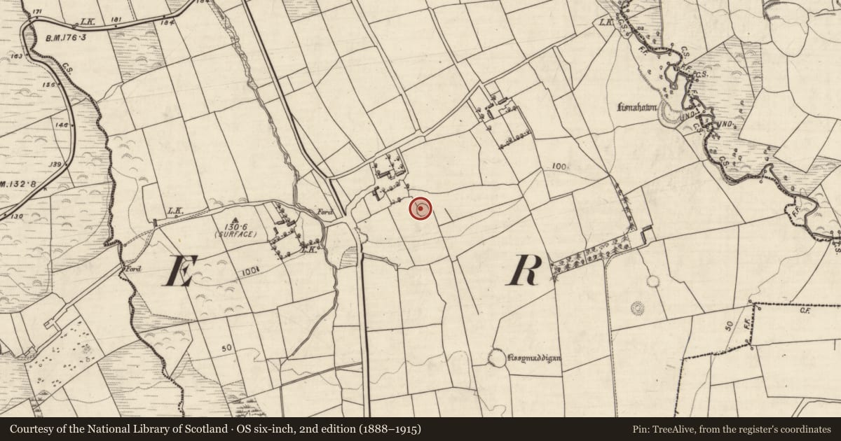Ordnance Survey six-inch map, 2nd edition (1888–1915) covering the location of Enclosure, Farna, County Kerry, with a pin at the register's coordinates
