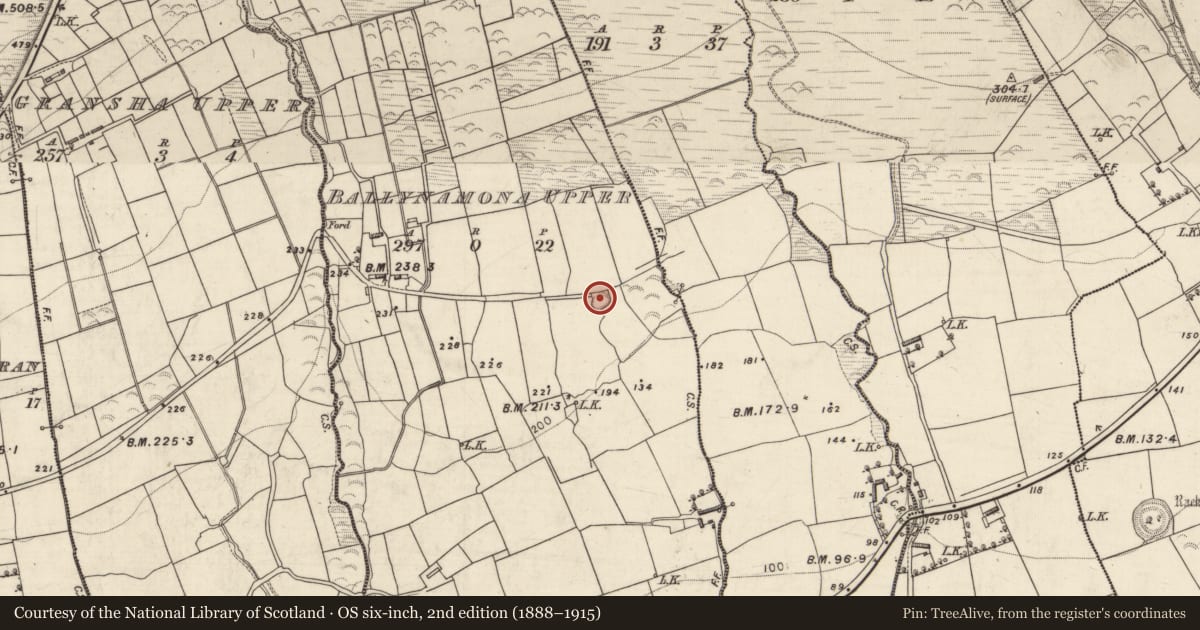 Ordnance Survey six-inch map, 2nd edition (1888–1915) covering the location of Enclosure, Ballynamona Upper, County Kerry, with a pin at the register's coordinates