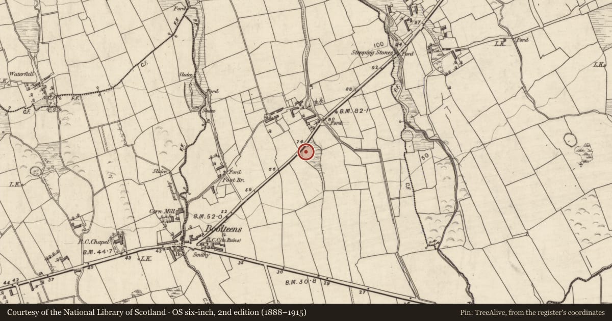 Ordnance Survey six-inch map, 2nd edition (1888–1915) covering the location of Ringfort - rath, Boolteens West, County Kerry, with a pin at the register's coordinates