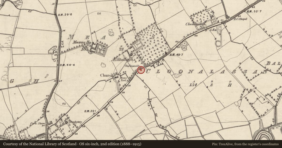 Ordnance Survey six-inch map, 2nd edition (1888–1915) covering the location of Bullaun stone, Cloonalassan, Meanus, County Kerry, with a pin at the register's coordinates