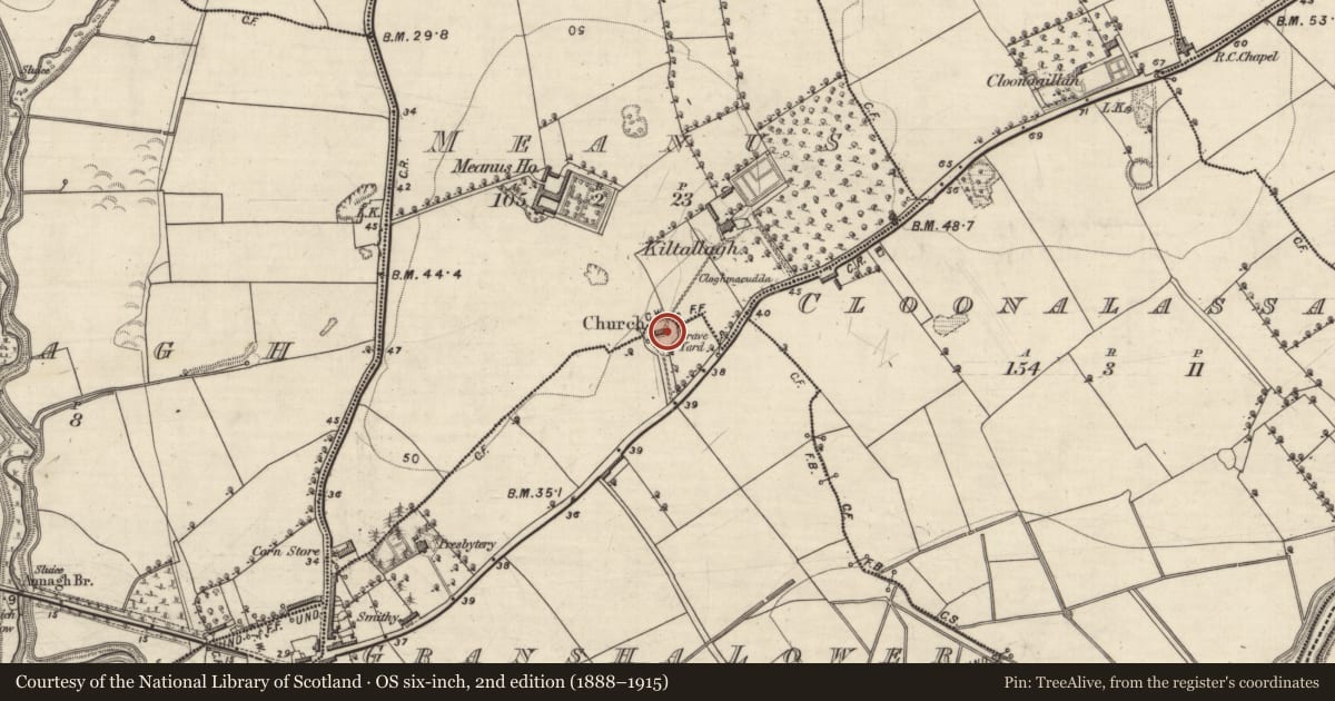 Ordnance Survey six-inch map, 2nd edition (1888–1915) covering the location of Church, Gransha Lower, County Kerry, with a pin at the register's coordinates