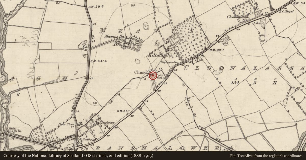 Ordnance Survey six-inch map, 2nd edition (1888–1915) covering the location of Graveyard, Meanus, Gransha Lower, County Kerry, with a pin at the register's coordinates