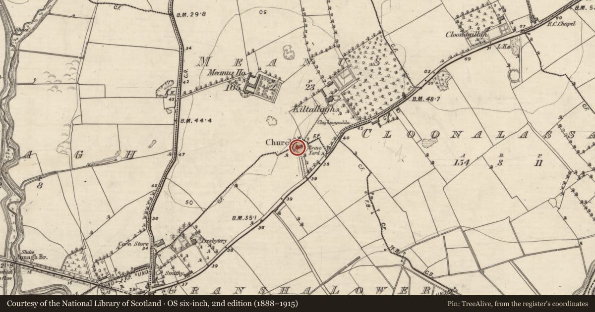 Ordnance Survey six-inch map, 2nd edition (1888–1915) covering the location of Architectural fragment, Gransha Lower, County Kerry, with a pin at the register's coordinates