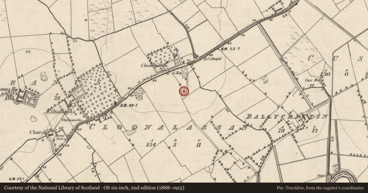 Ordnance Survey six-inch map, 2nd edition (1888–1915) covering the location of Enclosure, Cloonalassan, County Kerry, with a pin at the register's coordinates