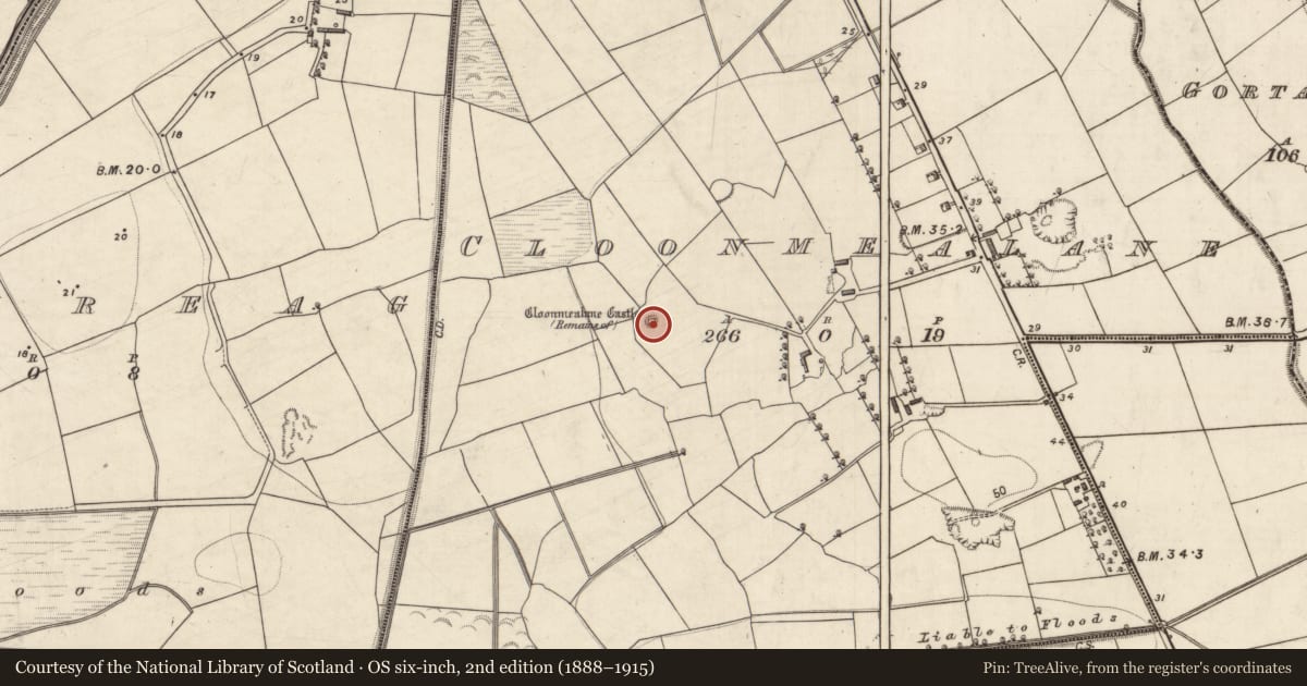 Ordnance Survey six-inch map, 2nd edition (1888–1915) covering the location of Castle - tower house, Cloonmealane, County Kerry, with a pin at the register's coordinates