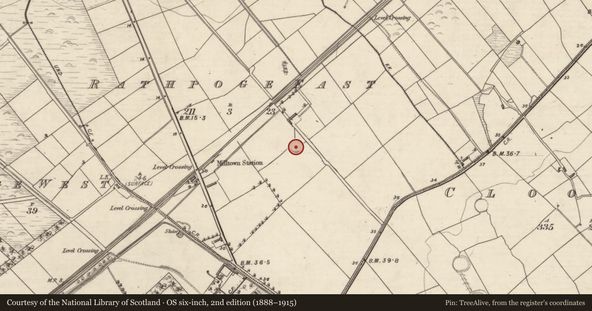 Ordnance Survey six-inch map, 2nd edition (1888–1915) covering the location of Ringfort - rath, Rathpoge East, County Kerry, with a pin at the register's coordinates