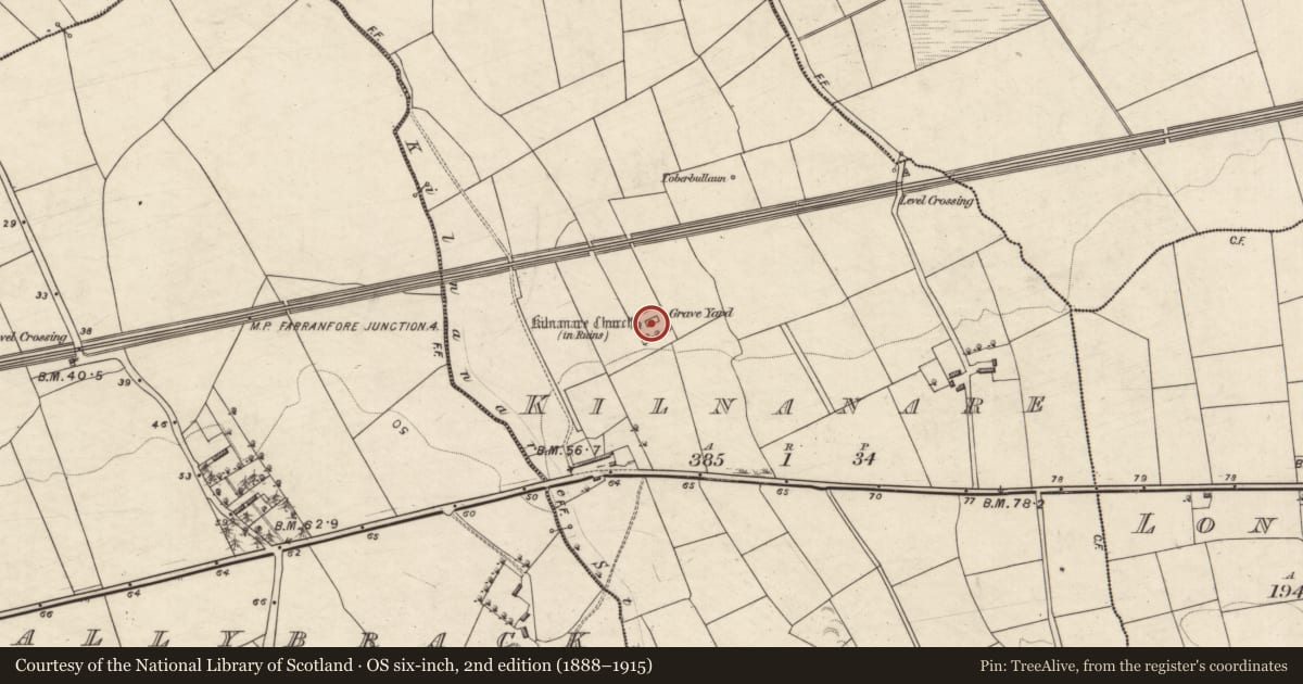 Ordnance Survey six-inch map, 2nd edition (1888–1915) covering the location of Architectural fragment, Kilnanare, County Kerry, with a pin at the register's coordinates
