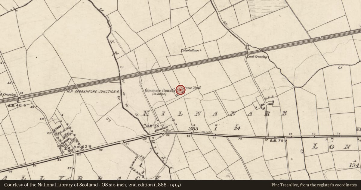 Ordnance Survey six-inch map, 2nd edition (1888–1915) covering the location of Architectural fragment, Kilnanare, County Kerry, with a pin at the register's coordinates