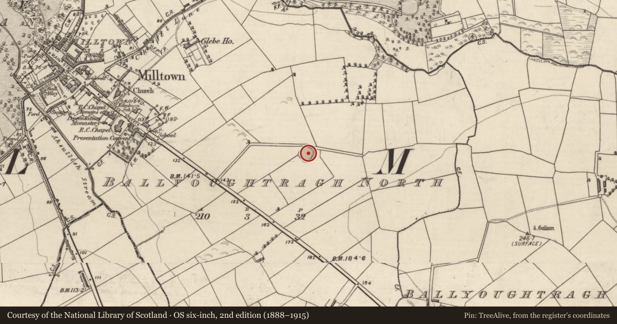 Ordnance Survey six-inch map, 2nd edition (1888–1915) covering the location of Enclosure, Ballyoughtragh North, County Kerry, with a pin at the register's coordinates