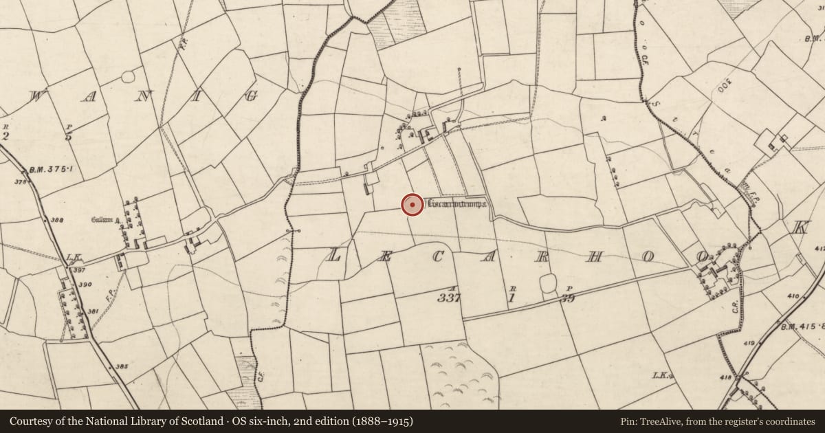 Ordnance Survey six-inch map, 2nd edition (1888–1915) covering the location of Ringfort - rath, Lecarhoo, County Kerry, with a pin at the register's coordinates