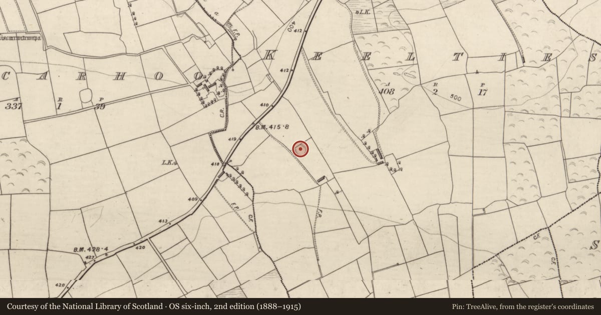 Ordnance Survey six-inch map, 2nd edition (1888–1915) covering the location of Ringfort - rath, Keelties, County Kerry, with a pin at the register's coordinates