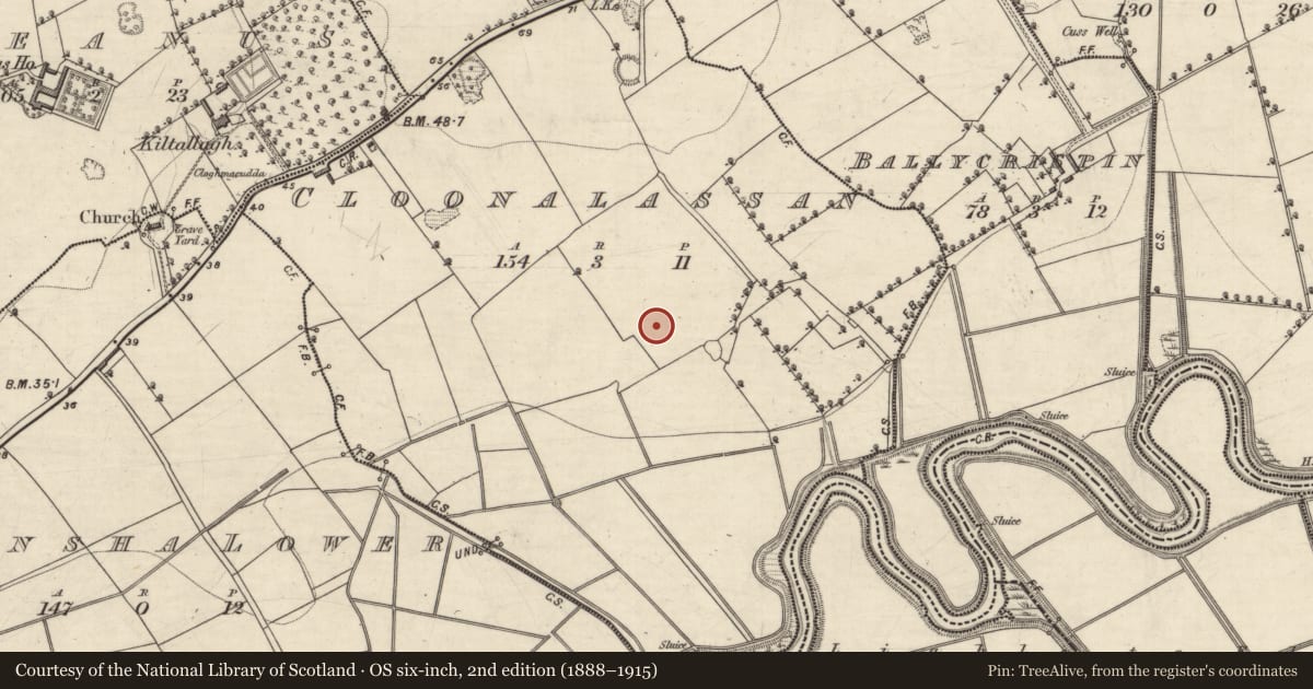 Ordnance Survey six-inch map, 2nd edition (1888–1915) covering the location of Enclosure, Cloonalassan, County Kerry, with a pin at the register's coordinates