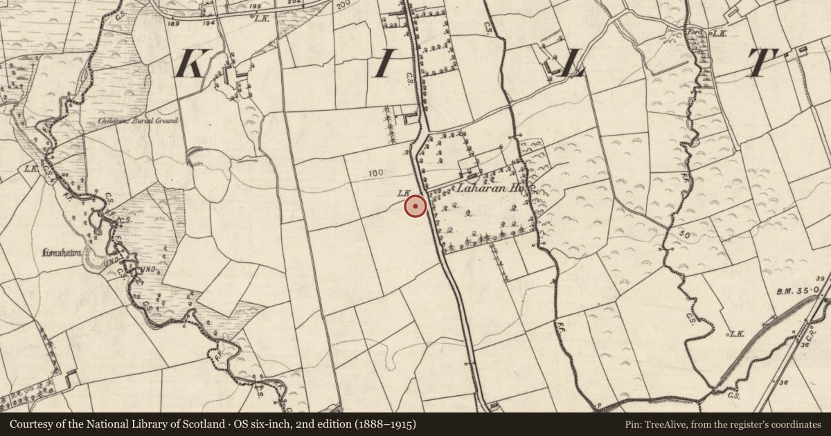 Ordnance Survey six-inch map, 2nd edition (1888–1915) covering the location of Enclosure, Killeenafinnane, County Kerry, with a pin at the register's coordinates